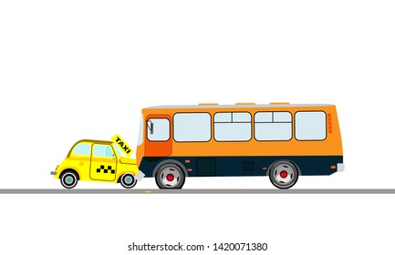 The collision of a taxi car and bus. Vector illustration.