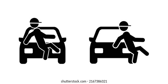 Collision, traffic accident. stickman, stick figure man, person falls down for a car icon. Falling man for the cars. cartoon auto sign or symbol. Dangerous, safety road sign, fall. Kids playing. 