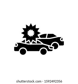 Collision of two cars icon in black flat design on white background