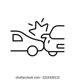 Collision Of Two Cars Line Icon. Car Accident, Drive, Unable To Control, Warning Sign, Collision, Collide, Crash Into Wall, Driver, Service, Fix, Repair. Road Traffic Concept. Vector Line Icon