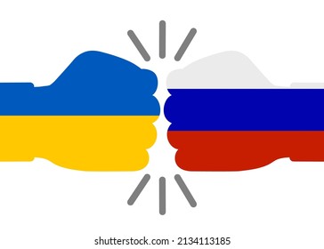 Kollision von zwei Fäusten in den Farben der Flaggen Ukraine und Russland - Stock-Vektorvektor