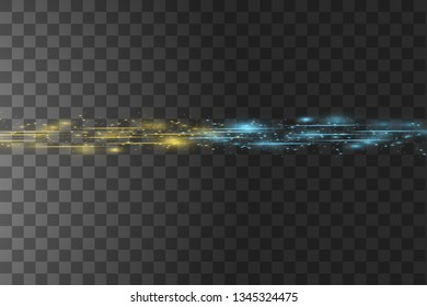Collision of two forces with gold and blue light on transparent background. Vector illustration. Hot and cold sparkling power. Energy lightning with electric discharge