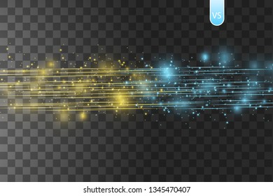 Collision of two forces with gold and blue light on transparent background. Vector illustration. Hot and cold sparkling power. Energy lightning with electric discharge
