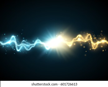 Collision of two forces with gold and blue light. Vector illustration. Hot and cold sparkling power. Light effect with sparks