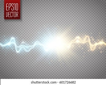 Collision of two forces with gold and blue light. Vector illustration. Hot and cold sparkling power. Energy lightning with electric discharge isolated on transparent background