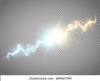 Collision of two forces with gold and blue light. Vector illustration. Hot and cold sparkling power. Energy lightning with electric discharge isolated on transparent background