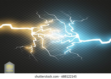 Collision of two forces with gold and blue light. Vector illustration. Hot and cold sparkling power. Energy lightning with electric discharge isolated on transparent background. Vector