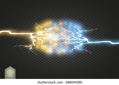 Collision of two forces with gold and blue light. Vector illustration. Hot and cold sparkling power. Energy lightning with electric discharge isolated on transparent background. Vector