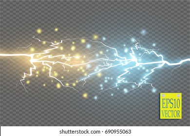 Collision of two forces with gold and blue light. Vector illustration. Hot and cold sparkling power. Energy lightning with electric discharge isolated on transparent background. Vector