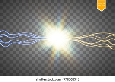 Collision of two forces with gold and blue light. Vector illustration. Hot and cold sparkling power. Energy lightning with electric discharge isolated on transparent background. Vector