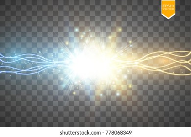 Collision of two forces with gold and blue light. Vector illustration. Hot and cold sparkling power. Energy lightning with electric discharge isolated on transparent background. Vector