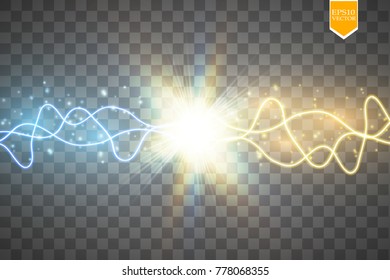 Collision of two forces with gold and blue light. Vector illustration. Hot and cold sparkling power. Energy lightning with electric discharge isolated on transparent background. Vector