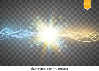 Collision of two forces with gold and blue light. Vector illustration. Hot and cold sparkling power. Energy lightning with electric discharge isolated on transparent background. Vector