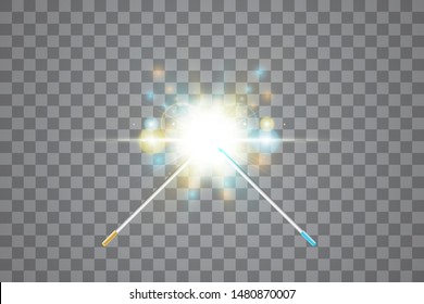 Collision of two forces with Golden and Blue Magic wand. Vector illustration. Isolated on transparent background.