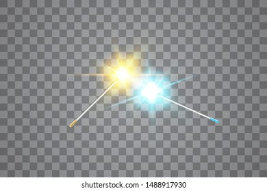 Collision of two forces with Golden and Blue Magic wand. Vector illustration. Isolated on transparent background.