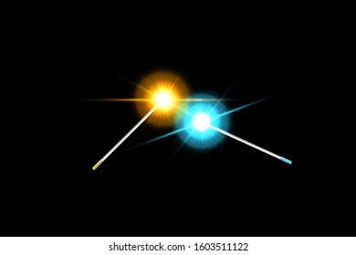 Collision of two forces with Golden and Blue Magic wand. Vector illustration. Isolated on black background.