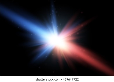 Collision of two forces with red and blue light. Vector illustration. Explosion concept.