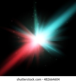 Collision of two forces with red and blue light. Vector illustration. Explosion concept.