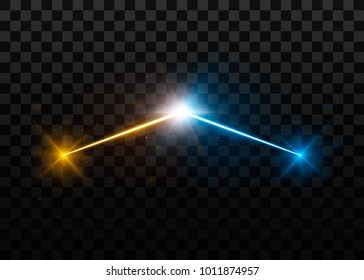 Collision of two forces with yellow and blue lights. Explosion concept. Isolated on black transparent background. Vector illustration, eps 10.
