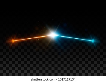 Collision of two forces with yellow and blue lights. Explosion concept. Isolated on black transparent background. Vector illustration, eps 10.