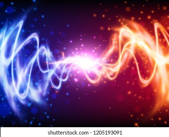 Collision of two forces with yellow and blue lights. Vector light effect. Realistic lightnings.