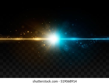 Collision of two forces with yellow and blue lights. Explosion concept. Isolated on black transparent background. Vector illustration, eps 10.
