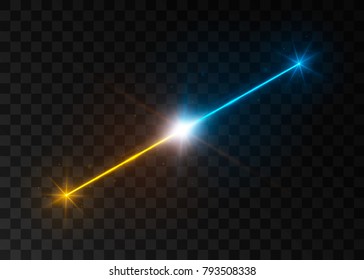 Collision of two forces with yellow and blue lights. Explosion concept. Isolated on black transparent background. Vector illustration, eps 10.