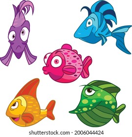 Colllection of character cute cartoon colorful fish, vector illustration isolated on white background