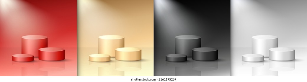 Colllection of red, silver, black, white stages with spotlight. 3d rendering big, medium and small platforms. Vector modern pedestal template for product presentation or podiums for trophy.