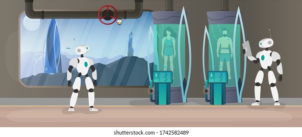 Collonization of the planets. The robot checks the condition of the human. Futuristic laboratory with cryogenic capsules. Cryon technology for humans or the cryogenic chamber of an astronaut. Vector. - Shutterstock ID 1742582489