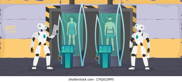 Collonization of the planets. The robot checks the condition of the human. Futuristic laboratory with cryogenic capsules. Cryon technology for humans or the cryogenic chamber of an astronaut. Vector.