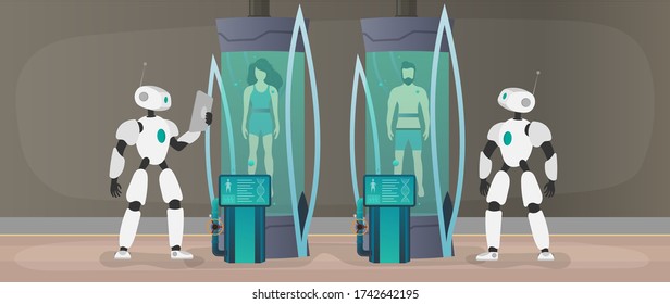 Collonization of the planets. The robot checks the condition of the human. Futuristic laboratory with cryogenic capsules. Cryon technology for humans or the cryogenic chamber of an astronaut. Vector.