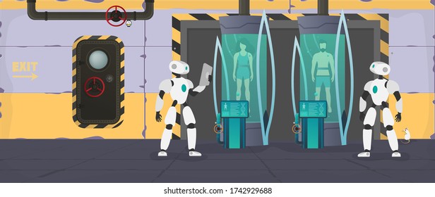 Collonization of the planets. The robot checks the condition of the human. Futuristic laboratory with cryogenic capsules. Cryon technology for humans or the cryogenic chamber of an astronaut. Vector.