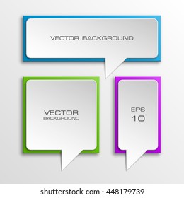Colloquial cloud on a rectangular background. Square banner. Three speech bubbles. Volumetric die for labels. Abstract vector banner. Design shape. Rectangle form. Volume lettering dies.