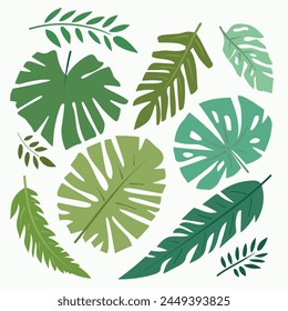 Eine Sammlung tropischer Blätter von unregelmäßiger abstrakter Form. Sommerzeit. Grün. Handzeichnung. Für die Gestaltung von Bannern, Postkarten, Einladungen, Mustern