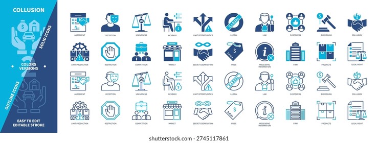 Collusion icon set. Deception, Kickback, Illegal, Bid Rigging, Secret Cooperation, Restriction, Competition, Firm. Duotone color solid and editable outline icons