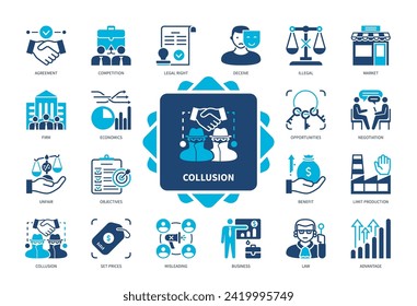 Collusion icon set. Legal Right, Opportunities, Misleading, Set Prices, Competition, Limit Production, Economics, Agreement. Duotone color solid icons