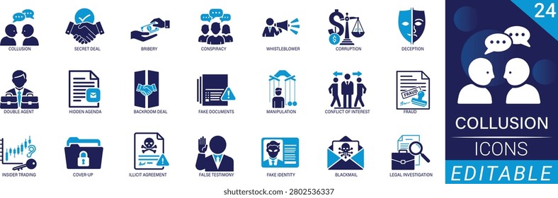 Collusion Solid Icon Set, corruption, fraud, secret deal, bribery, conspiracy, Glyphs for Web