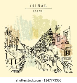 Colmar, France. Old historic houses and water. Romantic Little Venice (Petite Venise). Hand drawing. Travel sketch. Vintage vector hand drawn touristic postcard, poster, book illustration