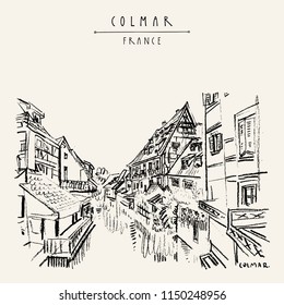 Colmar, France. Old historic houses and water. Romantic Little Venice (Petite Venise). Hand drawing. Travel sketch. Vintage vector hand drawn touristic postcard, poster, book illustration