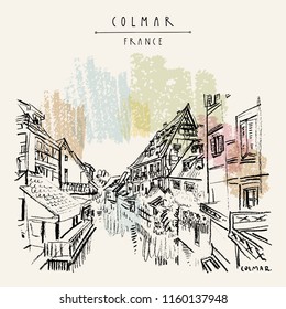 Colmar, France. Old historic houses and water. Romantic Little Venice (Petite Venise). Hand drawing. Travel sketch. Vintage vector hand drawn touristic postcard, poster, book illustration