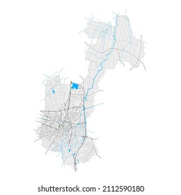 Colmar, Haut-Rhin, France high resolution vector map with city boundaries and editable paths. White outlines for main roads. Many detailed paths. Blue shapes and lines for water.