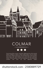 Colmar village template for website, presentation, front page, invitation, publication sheet with skyline, landmarks. Vector France town image layout, simple and grayscale