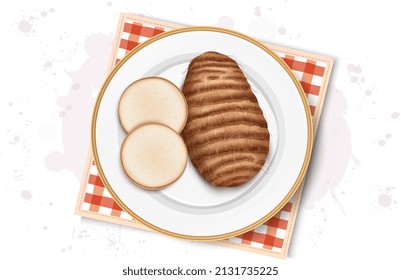 Colocasia Root vegetable vector illustration with vegetable slices from top angle