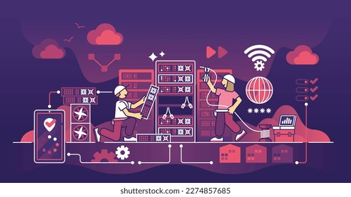 Colocation center or carrier hotel as data servers hosting outline concept. Database systems with hardware rooms for file upload vector illustration. Storage or bandwidth system rent for third party.