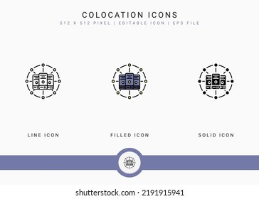 Colocation icons set vector illustration with solid icon line style. Data system server concept. Editable stroke icon on isolated background for web design, user interface, and mobile application