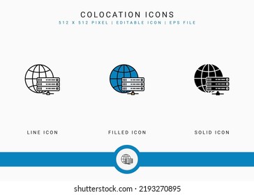 Colocation icons set vector illustration with solid icon line style. Data system server concept. Editable stroke icon on isolated background for web design, user interface, and mobile application