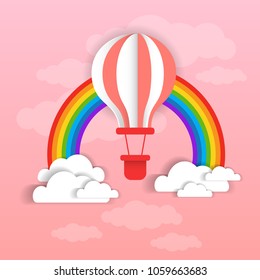 Colofrul Air Balloon Over Pink Sky, Clouds And Rinbow Background