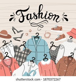 Colofrul background with women's clothes on hangers and accessories. Illustration on the theme of fashion, style, female wardrobe, design, shopping. Flat art for use in design