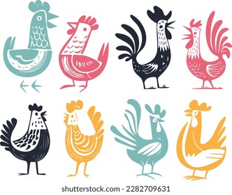 Coloful chickens and roosters illustrations that remind us vintage children books but at the same time illustrations look modern, Hand Drawn, minimal, monochrome linocut